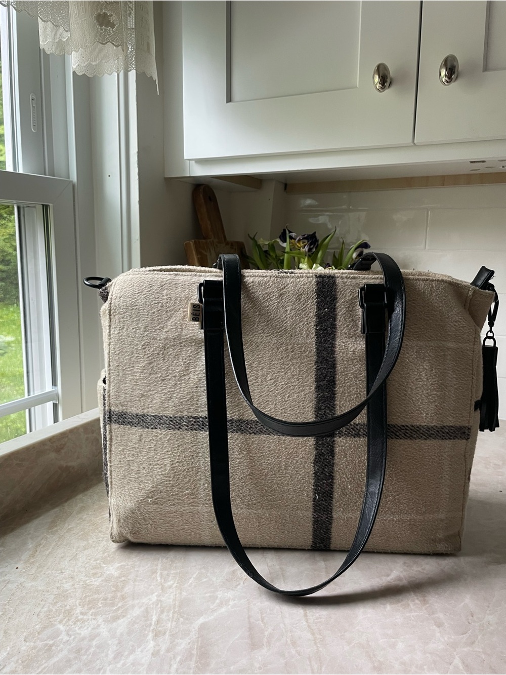 BEIS Beige Plaid Canvas Tote with Laptop Sleeve